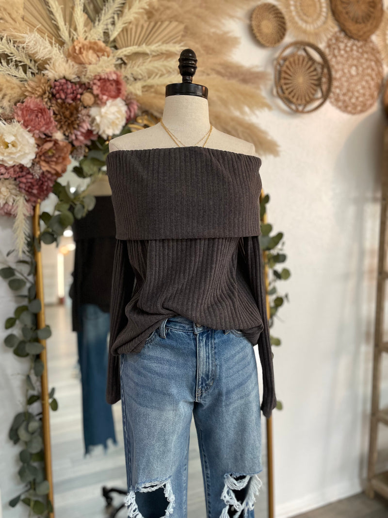 Tisha Off Shoulder Ribbed Sweater-Charcoal