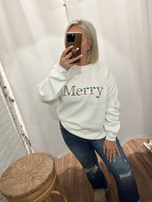 Floral Merry Embroidered Crewneck-White