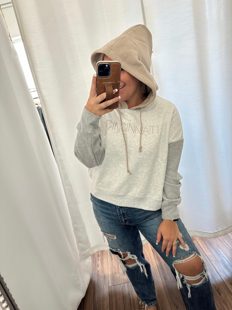 Cincinnati Colorblock Embroidered Cropped Hoodie-Tan