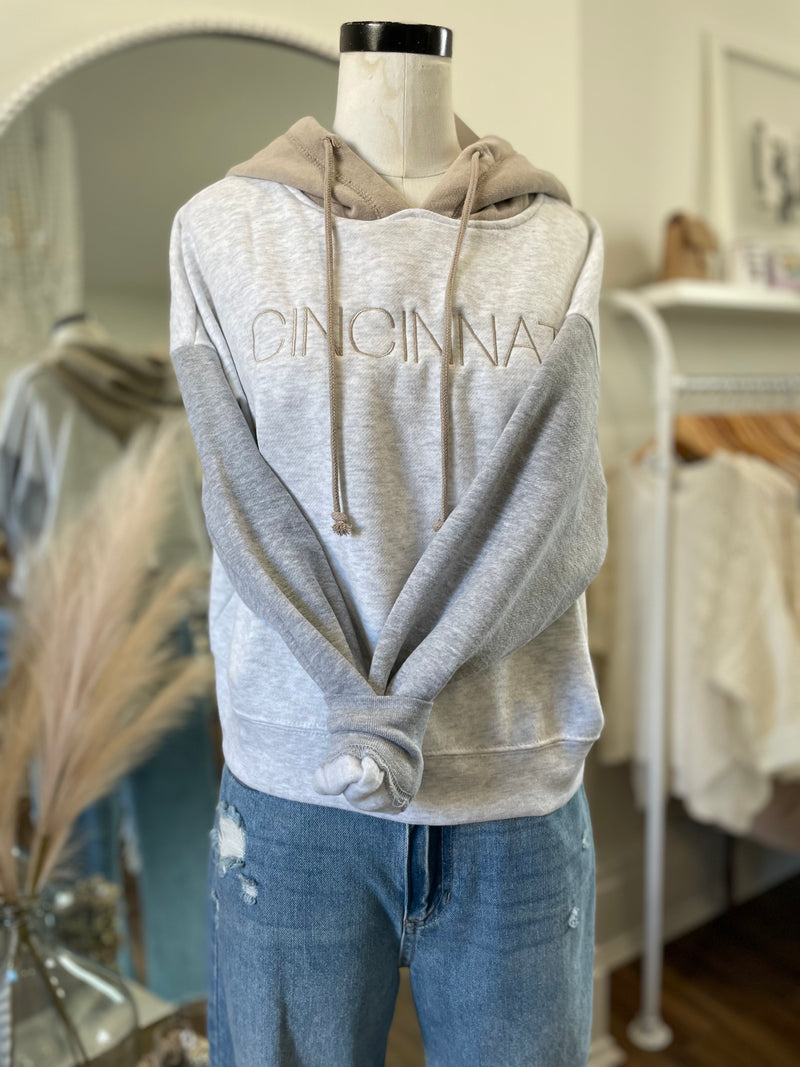 Cincinnati Colorblock Embroidered Cropped Hoodie-Tan