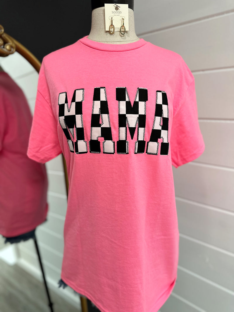 Neon Pink Embroidered Mama Tee
