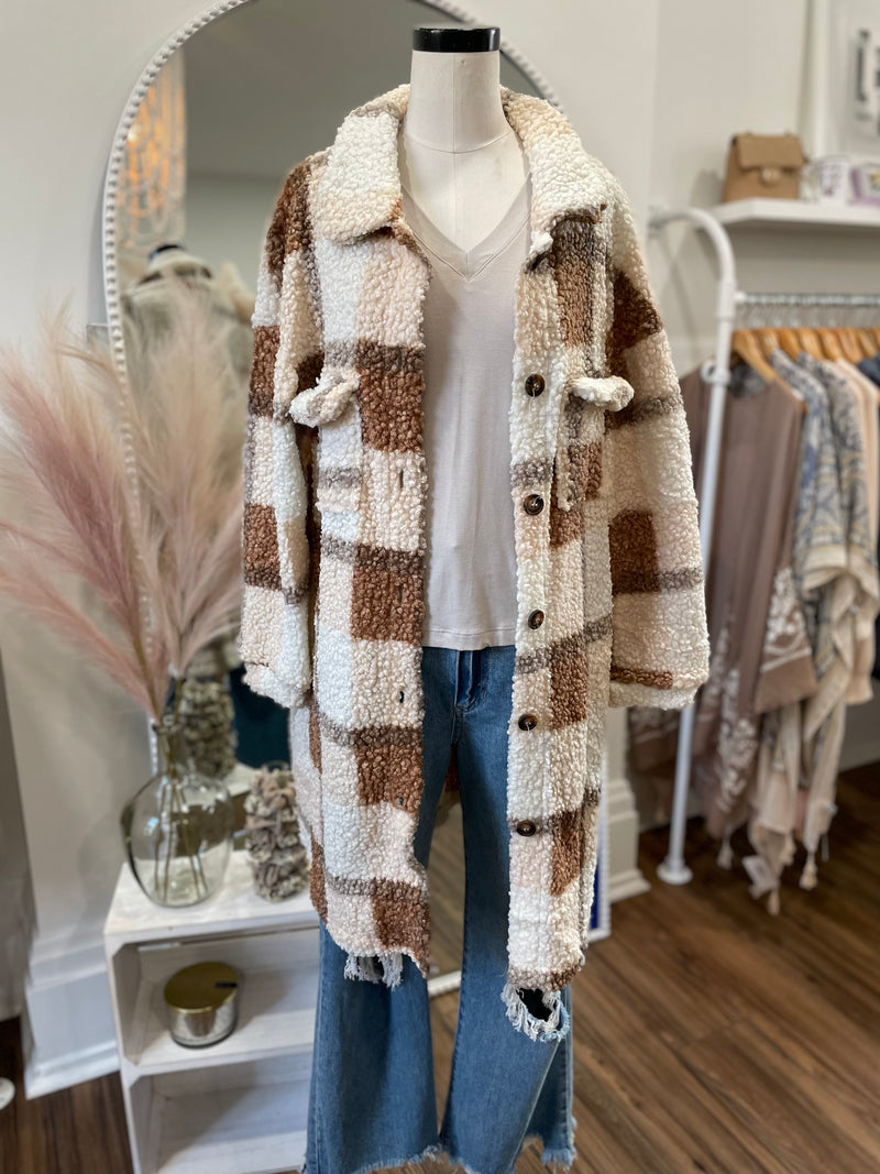 Love Me Some Plaid Long Teddy Shacket-Camel