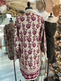 Festive Floral Sweater Dress-Burgandy