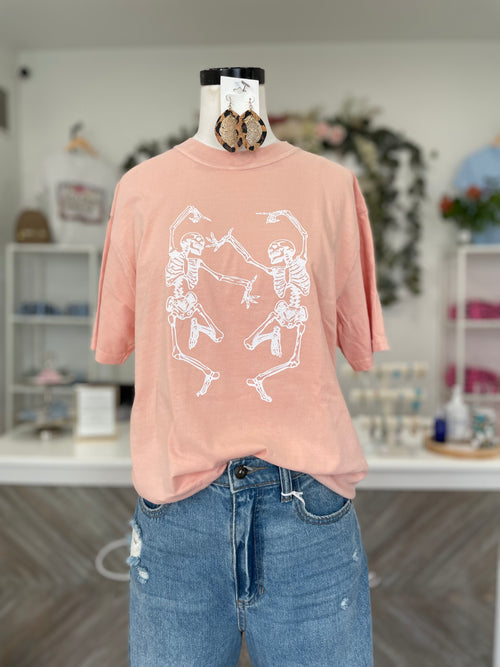 Dancing Skeleton Tee-Salmon
