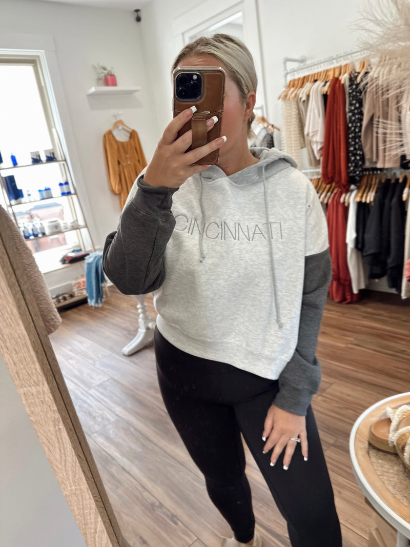 Cincinnati Colorblock Embroidered Cropped Hoodie-Charcoal