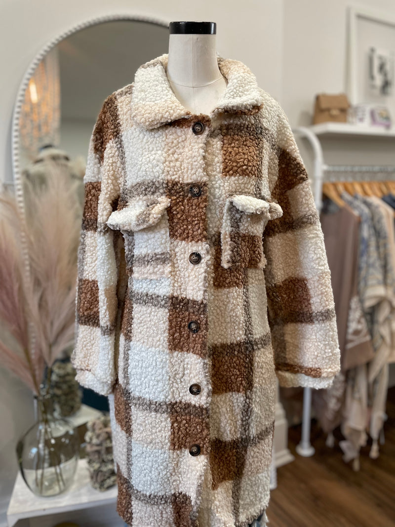 Love Me Some Plaid Long Teddy Shacket-Camel