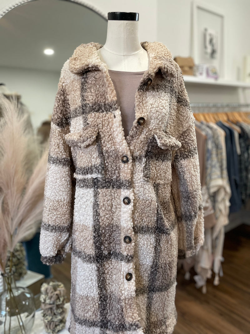 Love Me Some Plaid Long Teddy Shacket-Mocha