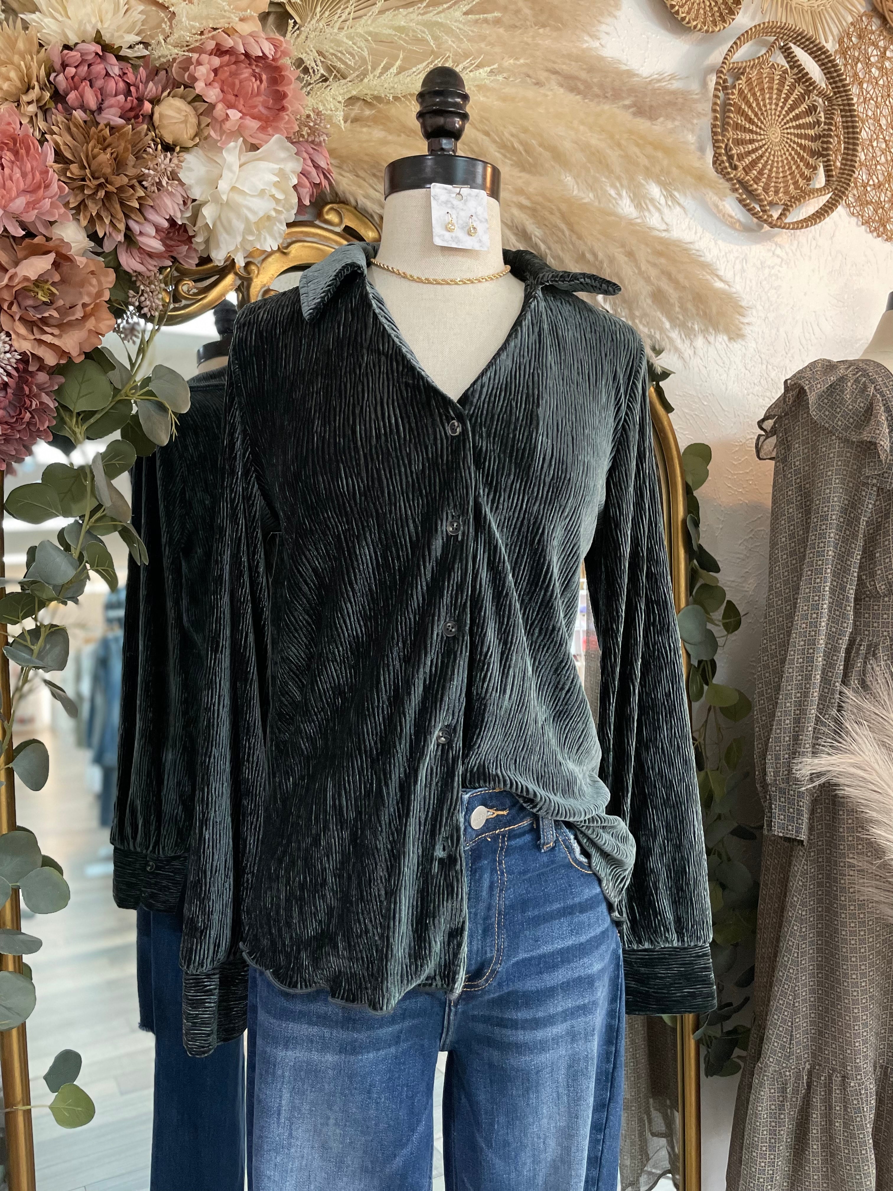 It s That Time Velvet Button Down Top Winter Spruce Golden Grace Boutique