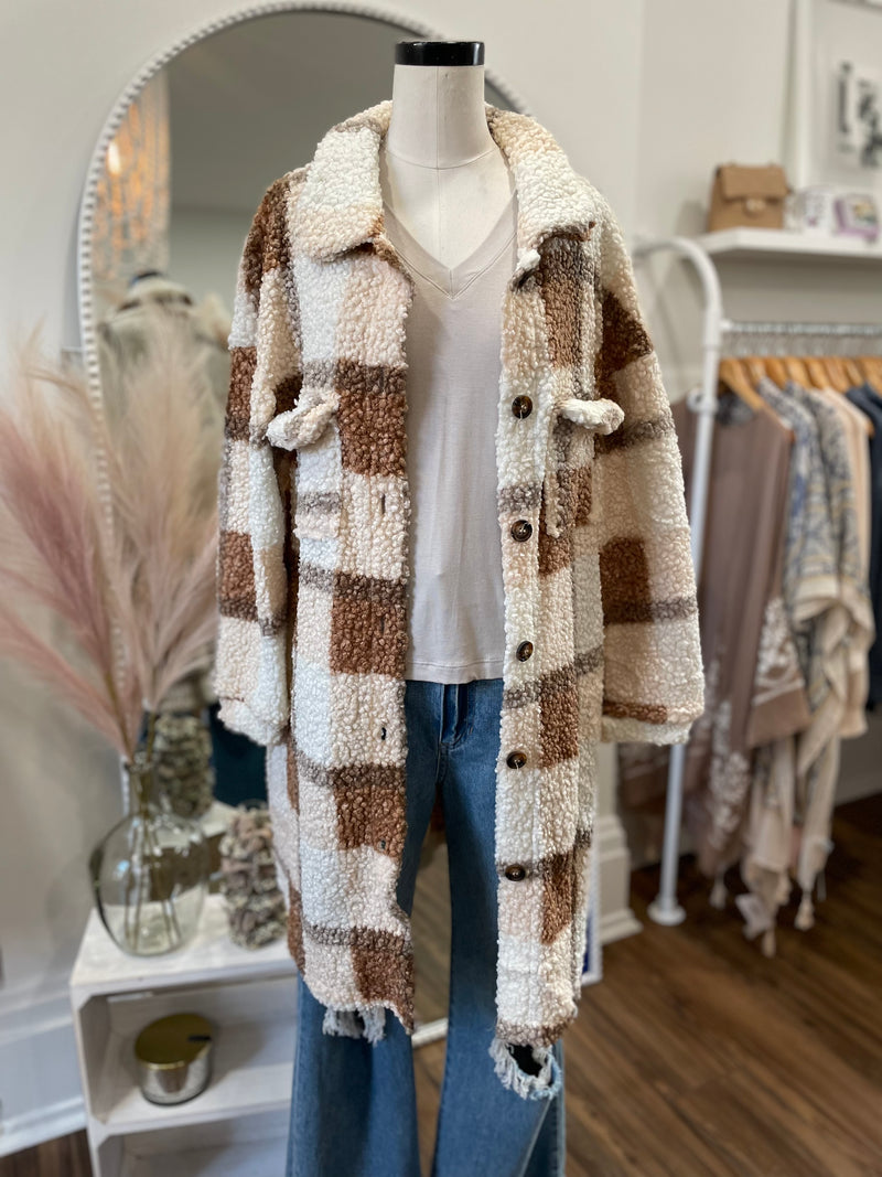 Love Me Some Plaid Long Teddy Shacket-Camel