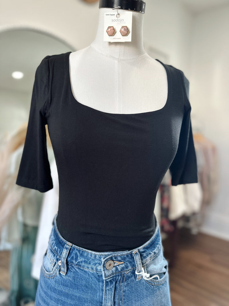 A Basic Dream Square Neck Bodysuit-Black