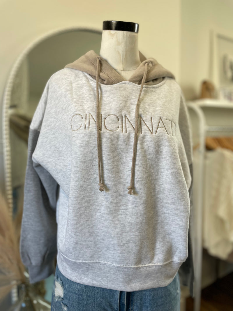 Cincinnati Colorblock Embroidered Cropped Hoodie-Tan