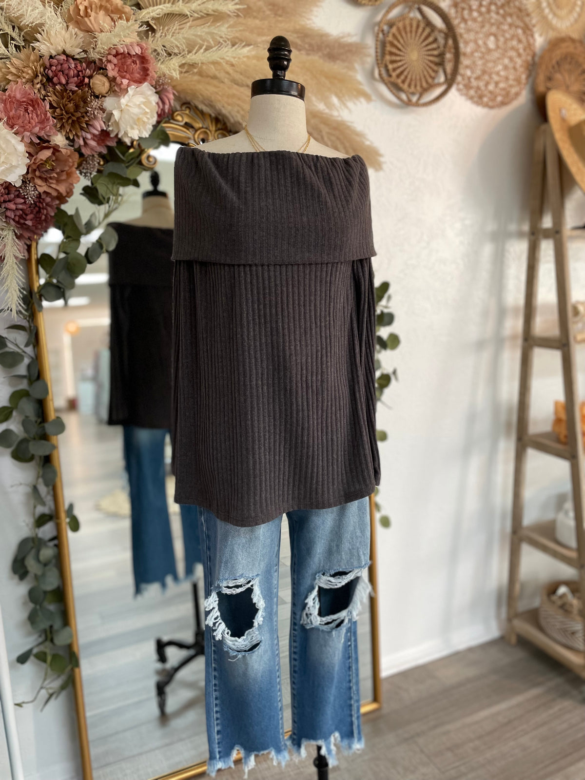 Tisha Off Shoulder Ribbed Sweater-Charcoal