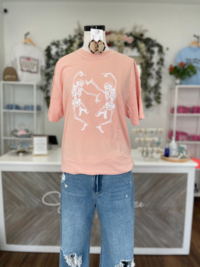 Dancing Skeleton Tee-Salmon