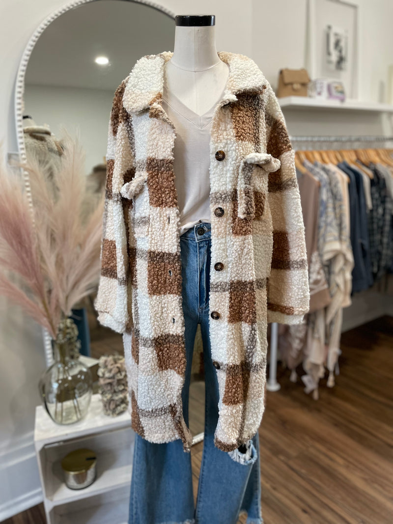Love Me Some Plaid Long Teddy Shacket-Camel