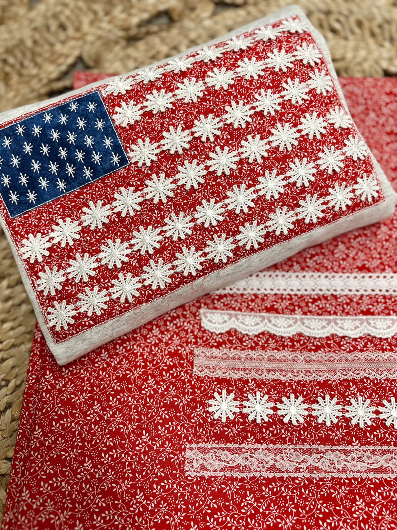 Quilted Lace American Flag Applique Embroidered Crewneck