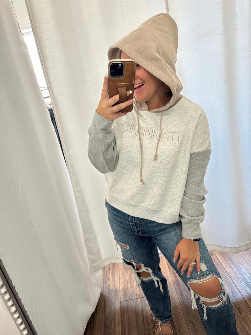 Cincinnati Colorblock Embroidered Cropped Hoodie-Tan