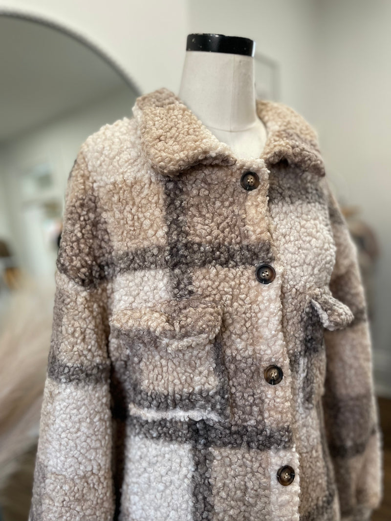 Love Me Some Plaid Long Teddy Shacket-Mocha