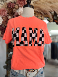 Neon Red Orange Embroidered Mama Tee