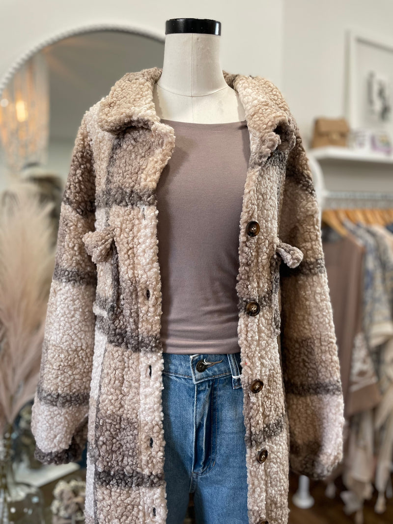 Love Me Some Plaid Long Teddy Shacket-Mocha