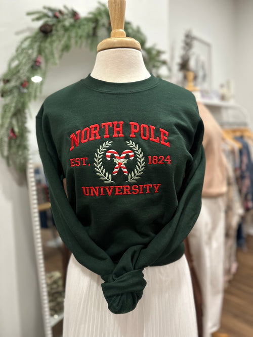 North Pole Embroidered Crewneck-Forest Green