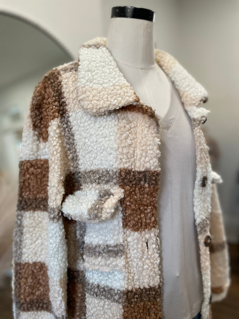 Love Me Some Plaid Long Teddy Shacket-Camel