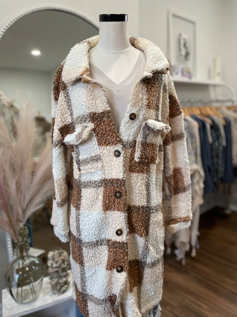 Love Me Some Plaid Long Teddy Shacket-Camel