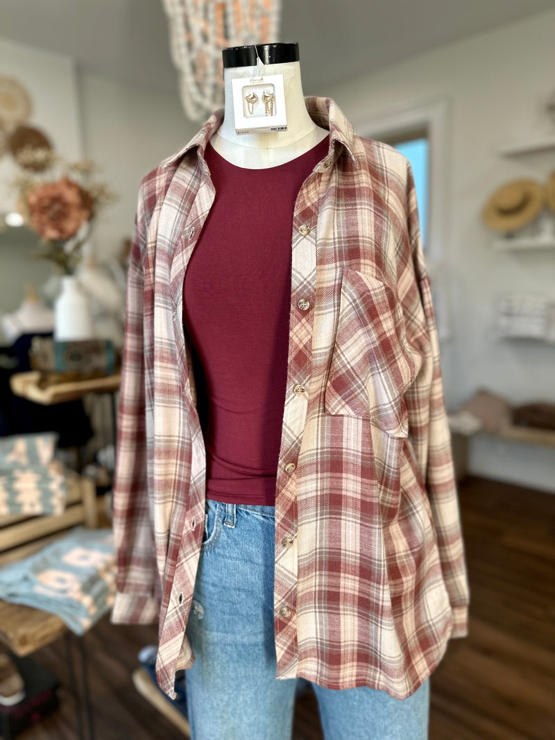 Hard To Get Flannel Top-Maroon