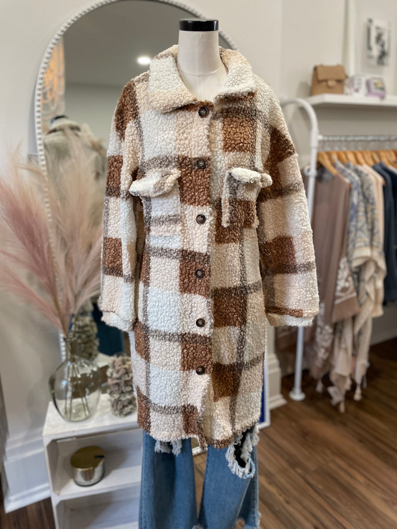 Love Me Some Plaid Long Teddy Shacket-Camel