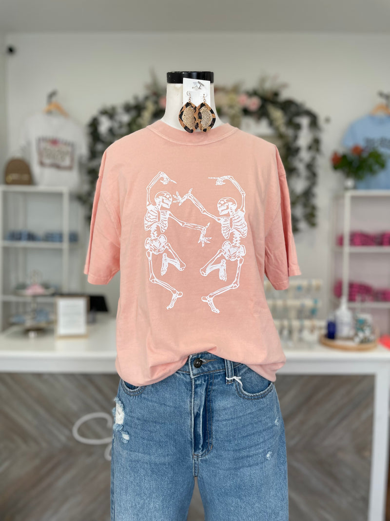 Dancing Skeleton Tee-Salmon
