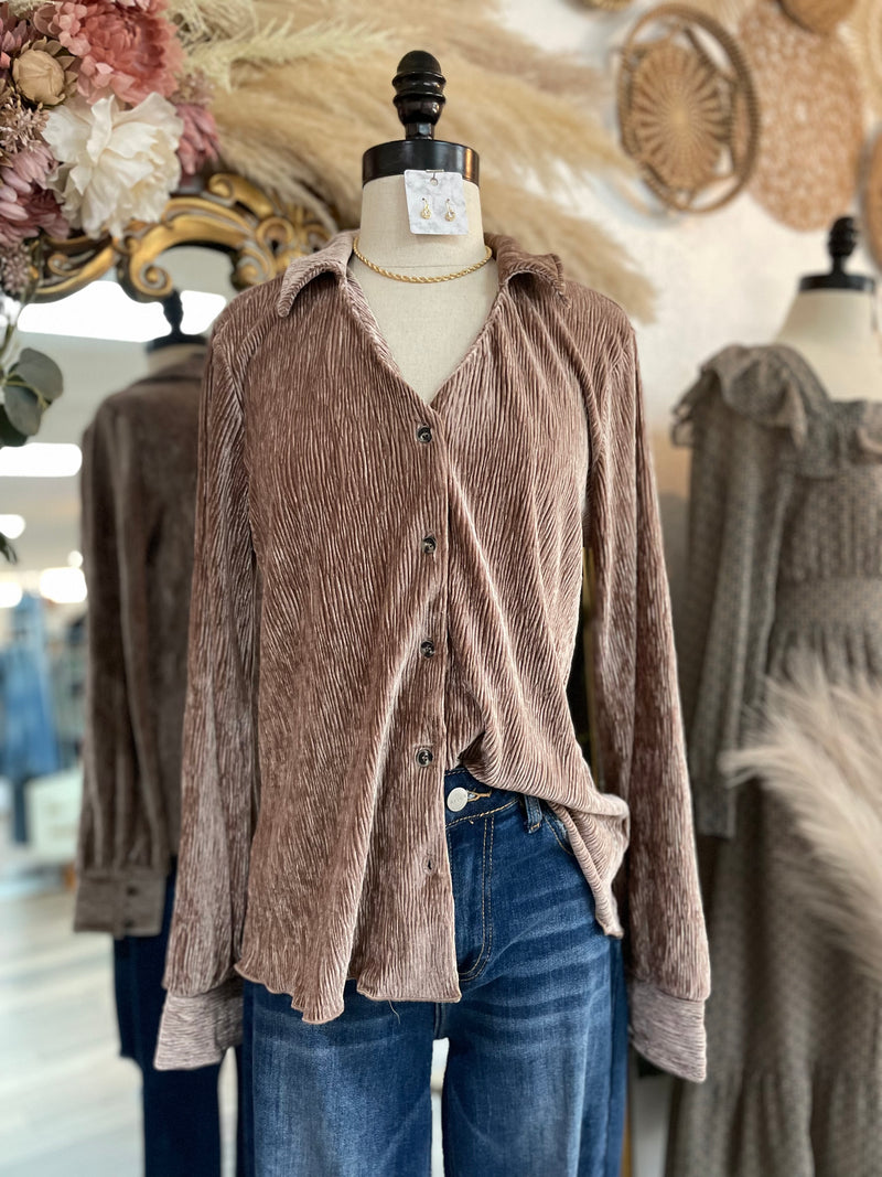 It's That Time Velvet Button Down Top- Taupe