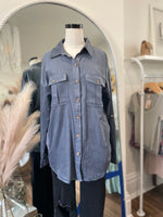 Jules Button Down Shacket Top-Slate Blue