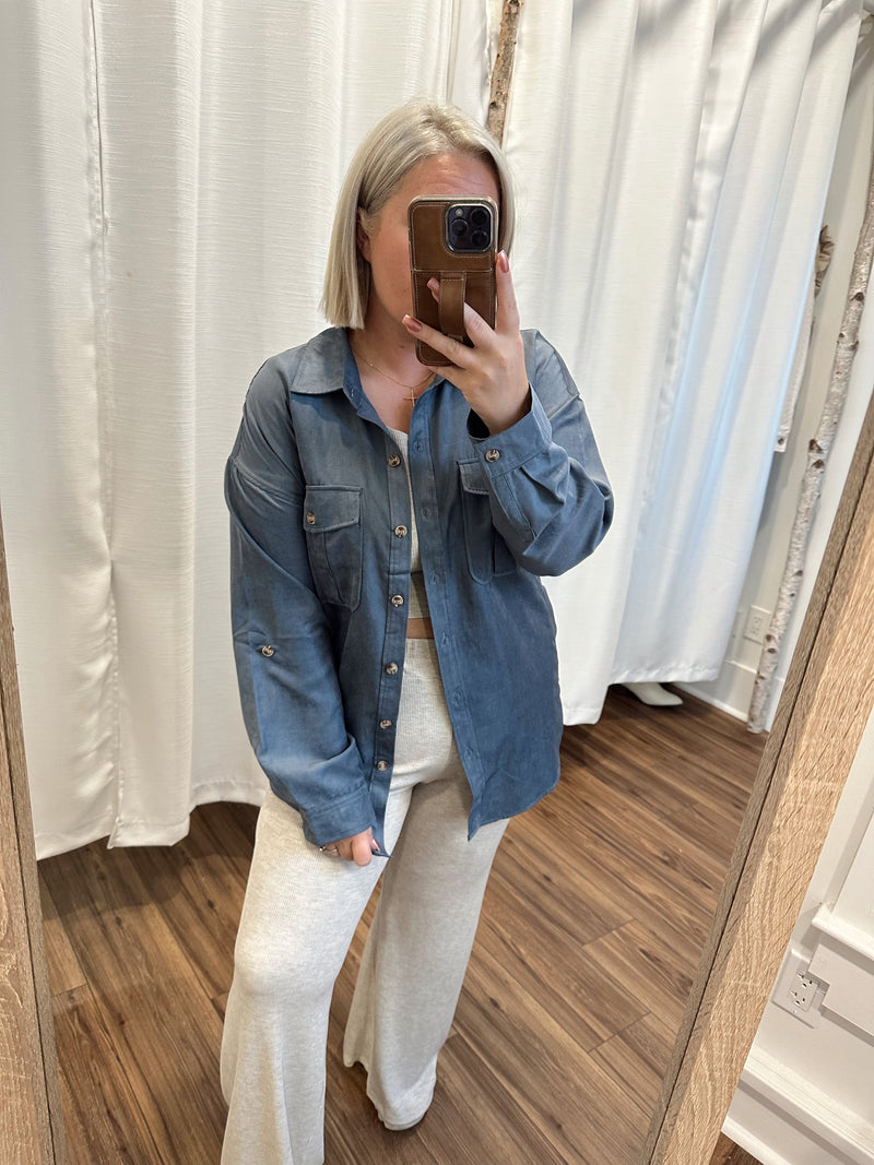 Jules Button Down Shacket Top-Slate Blue