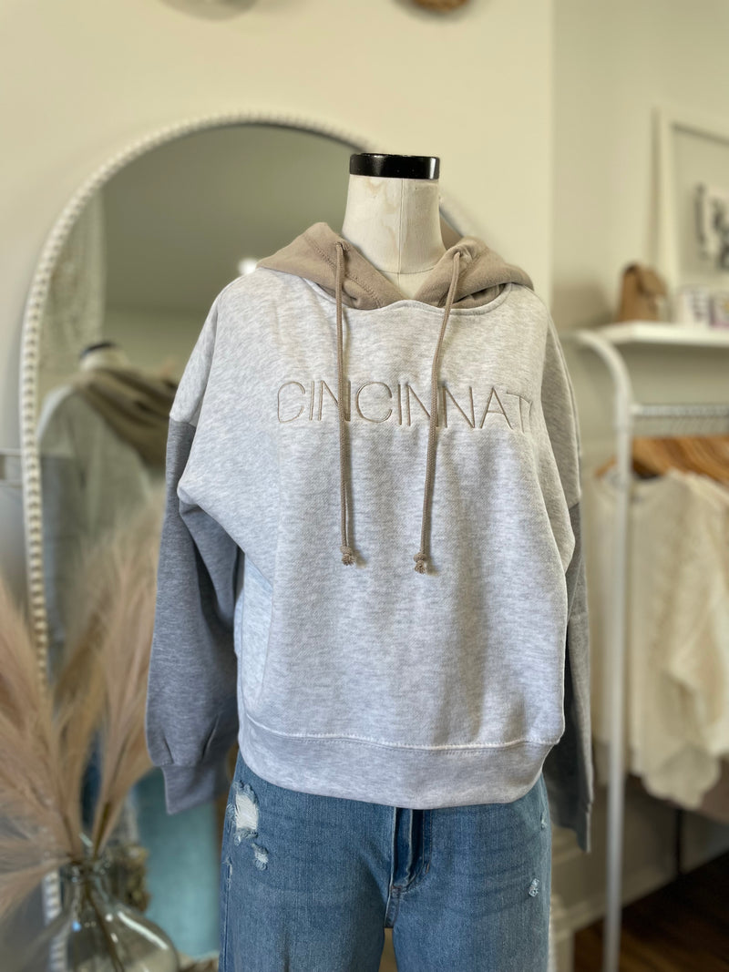 Cincinnati Colorblock Embroidered Cropped Hoodie-Tan
