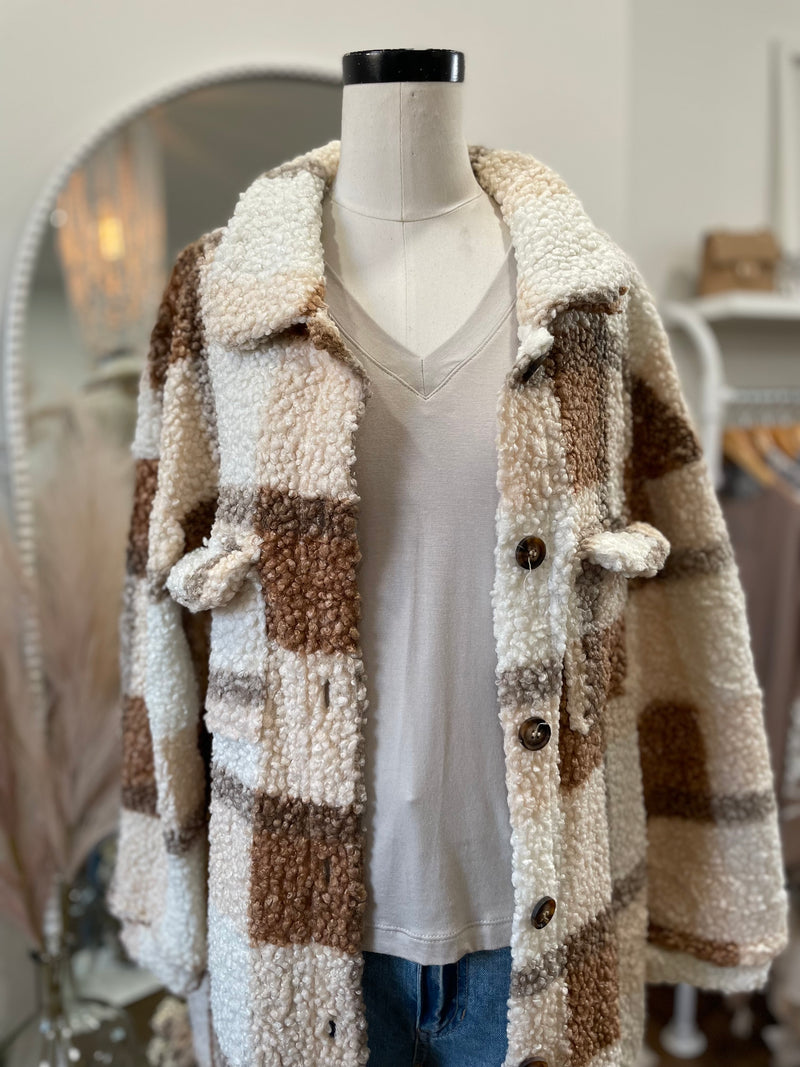 Love Me Some Plaid Long Teddy Shacket-Camel