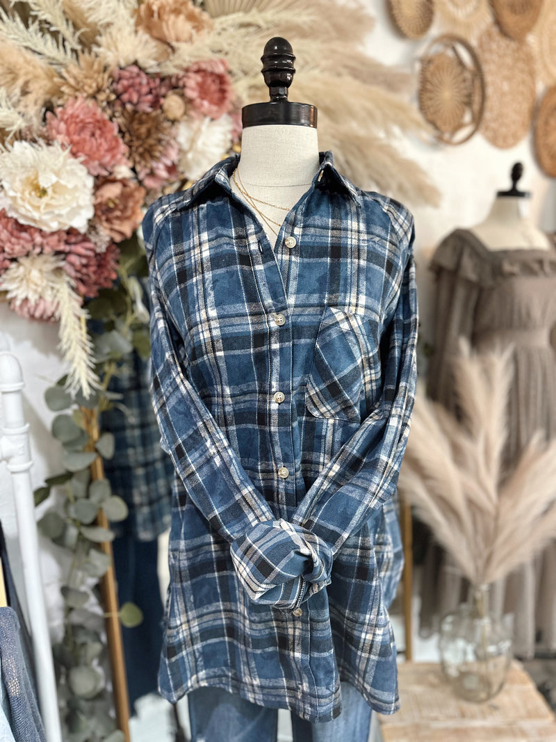 Cozy For Days Flannel Top-Navy Blue