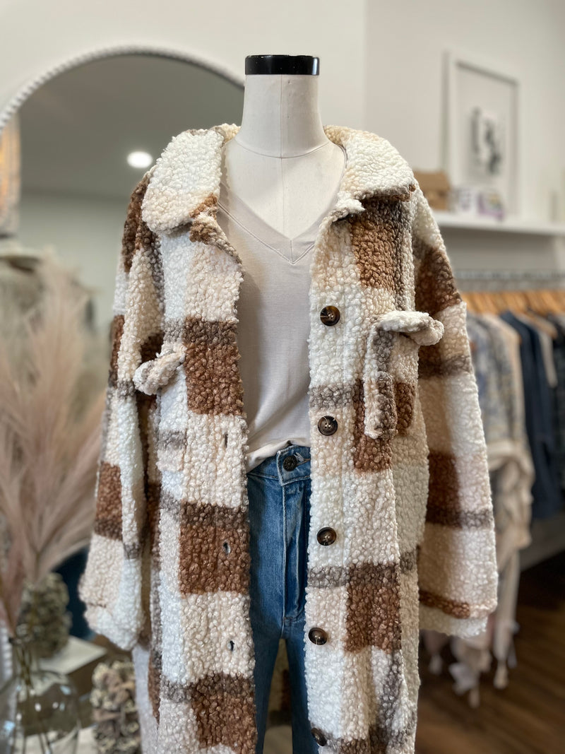 Love Me Some Plaid Long Teddy Shacket-Camel