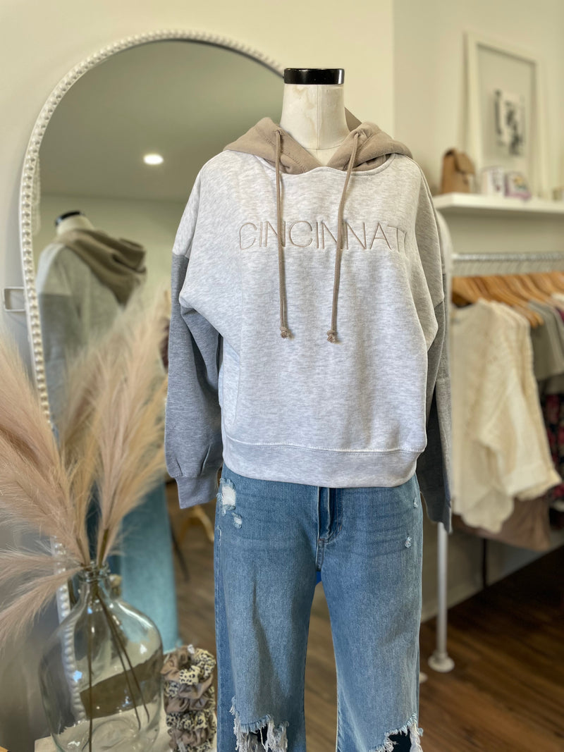 Cincinnati Colorblock Embroidered Cropped Hoodie-Tan