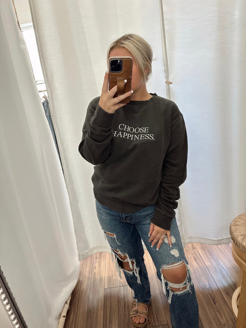 Choose Happiness Vintage Black Embroidered Crewneck