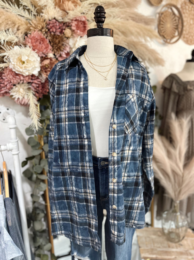 Cozy For Days Flannel Top-Navy Blue