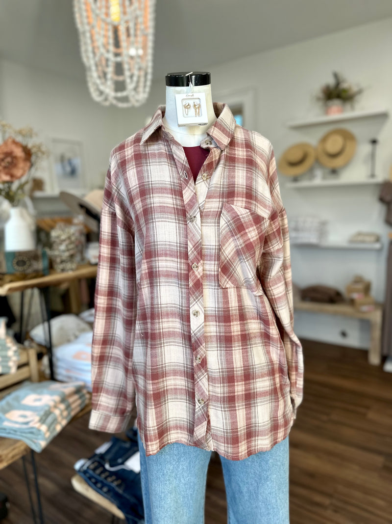 Hard To Get Flannel Top-Maroon