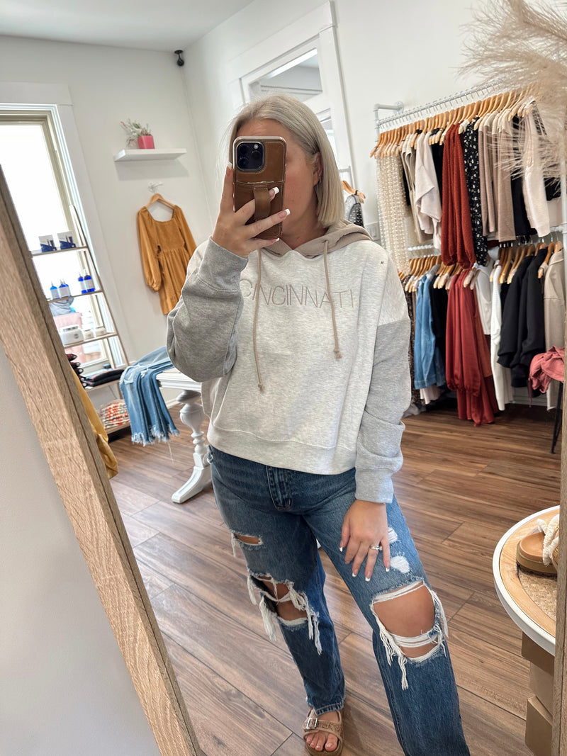 Cincinnati Colorblock Embroidered Cropped Hoodie-Tan