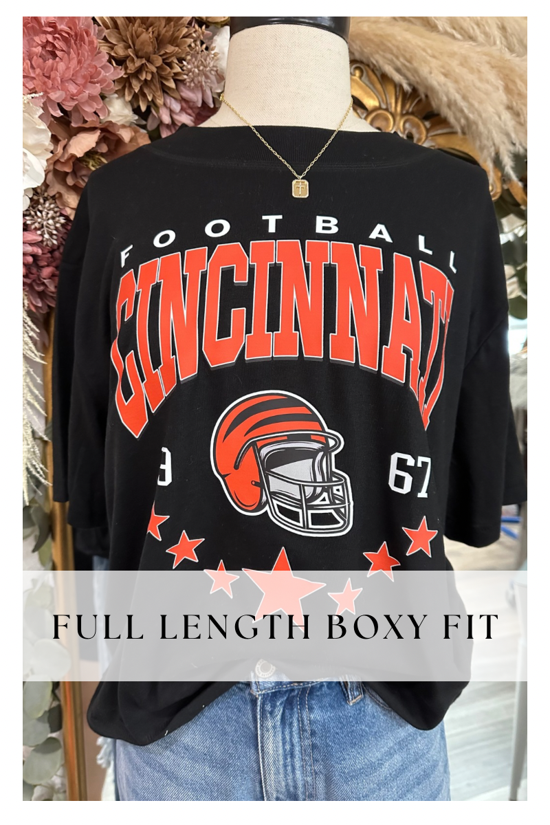 Cincinnati Football Boxy FULL LENGTH Black Tee