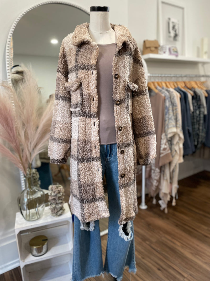 Love Me Some Plaid Long Teddy Shacket-Mocha