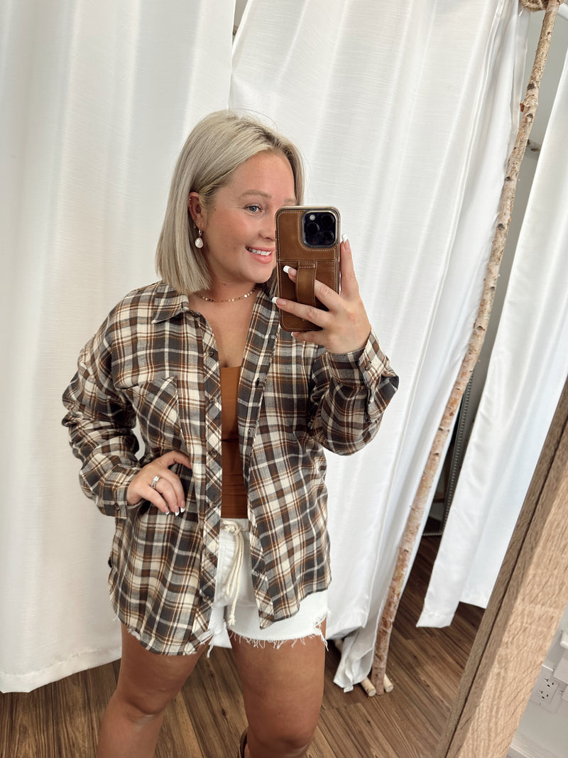 Speak For Yourself Flannel Top-Brown