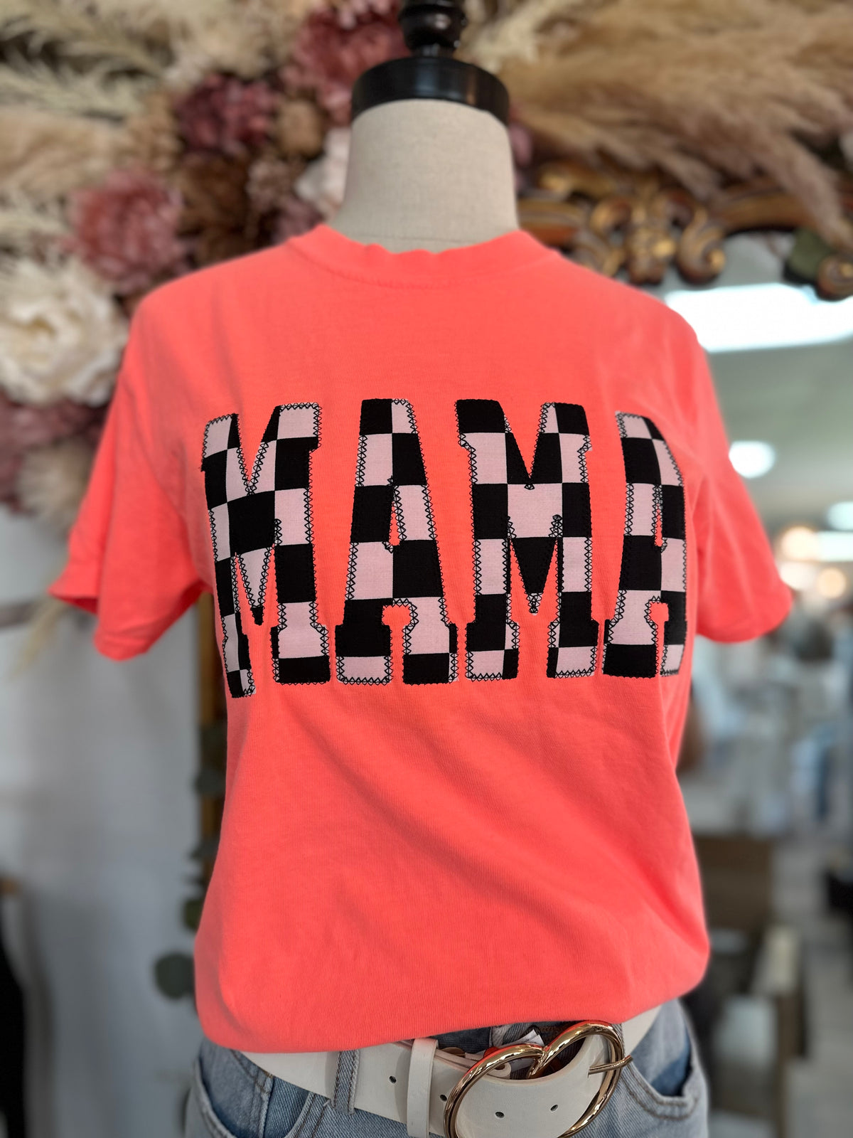 Neon Red Orange Embroidered Mama Tee