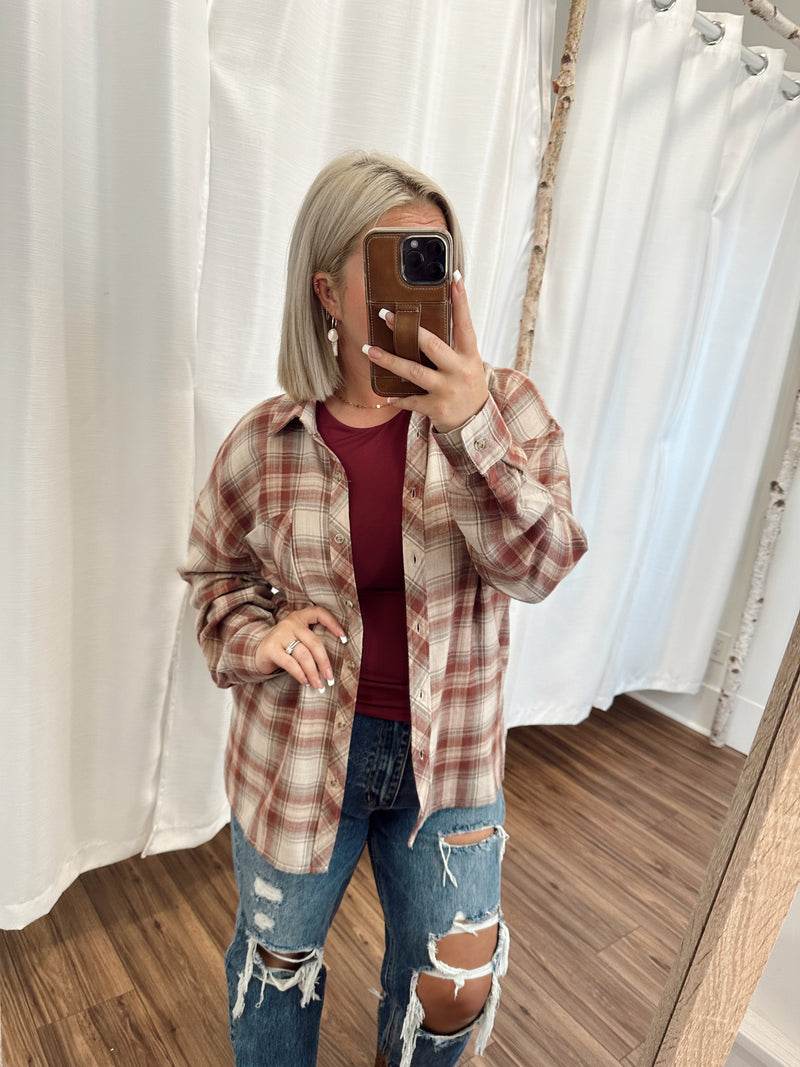 Hard To Get Flannel Top-Maroon