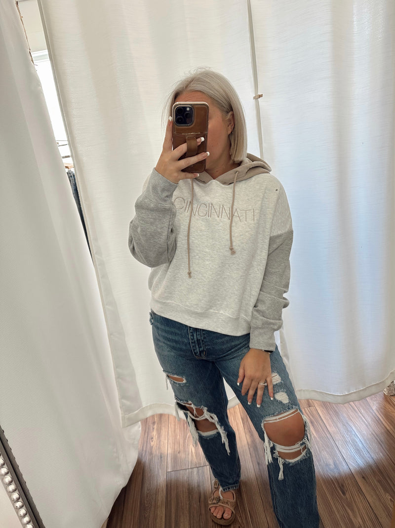 Cincinnati Colorblock Embroidered Cropped Hoodie-Tan