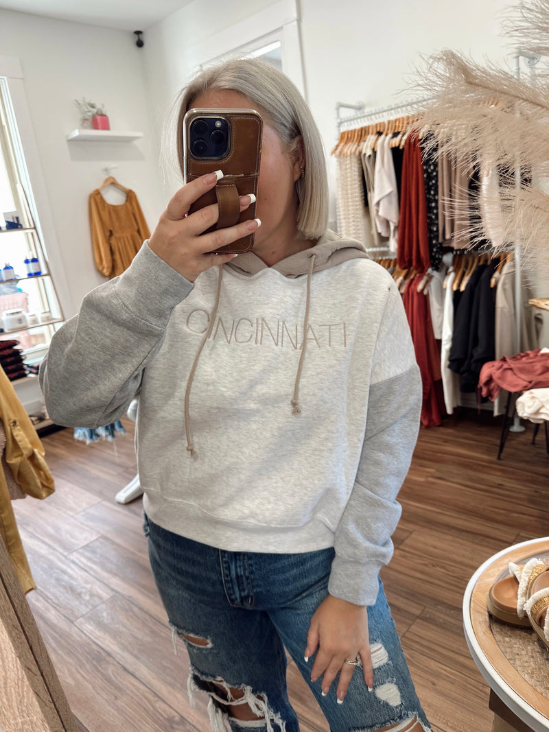 Cincinnati Colorblock Embroidered Cropped Hoodie-Tan