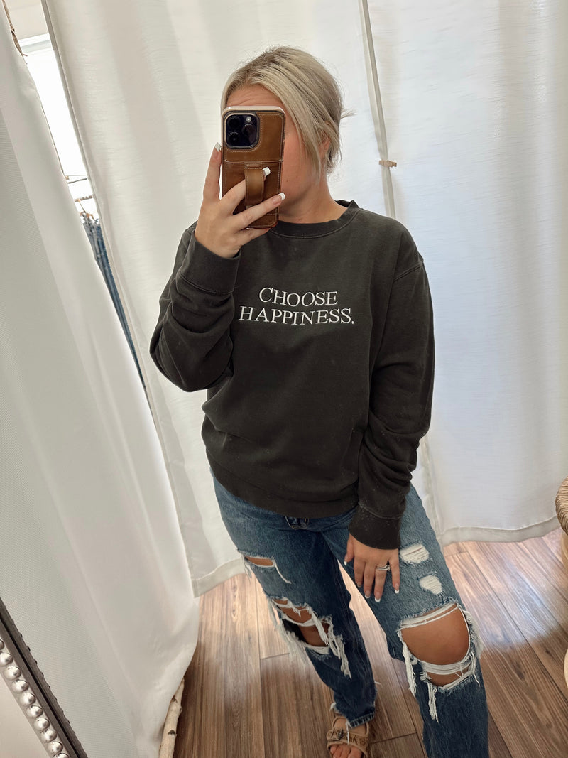 Choose Happiness Vintage Black Embroidered Crewneck