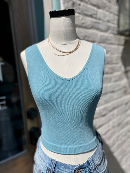 Nyah Ribbed U-V Neck Cropped Brami- Ash Teal